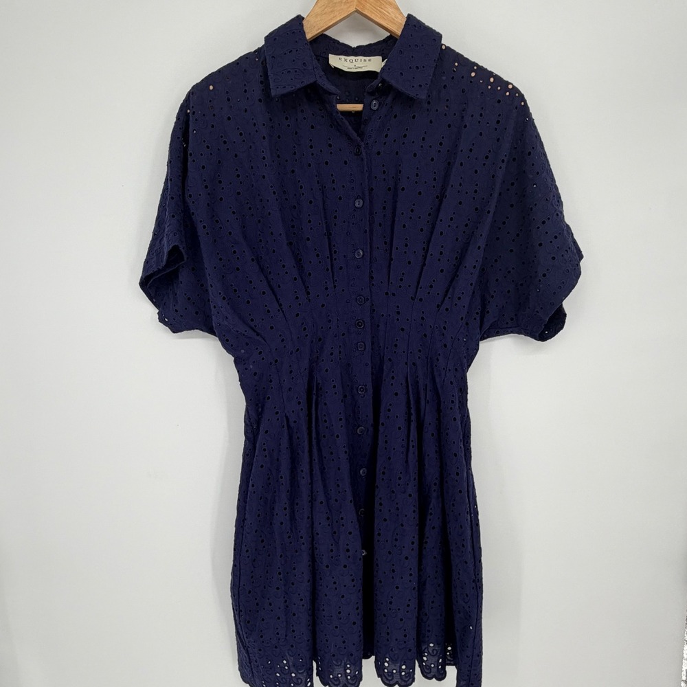 Exquise Anthropologie Tobie Mini Eyelet Dress Navy Cotton Feminine Romantic S